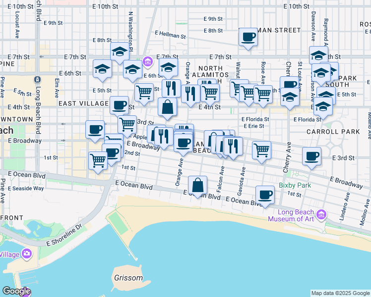 map of restaurants, bars, coffee shops, grocery stores, and more near 234 Orange Avenue in Long Beach