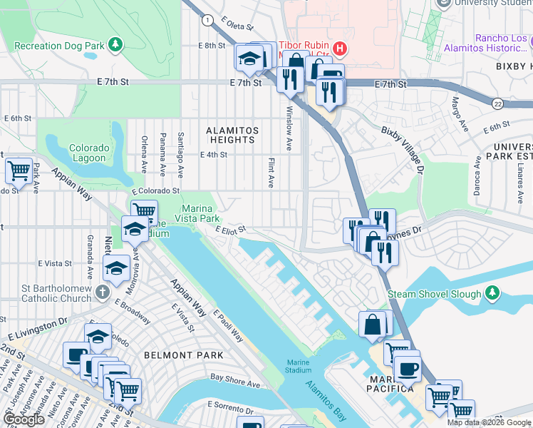 map of restaurants, bars, coffee shops, grocery stores, and more near 317 Flint Avenue in Long Beach
