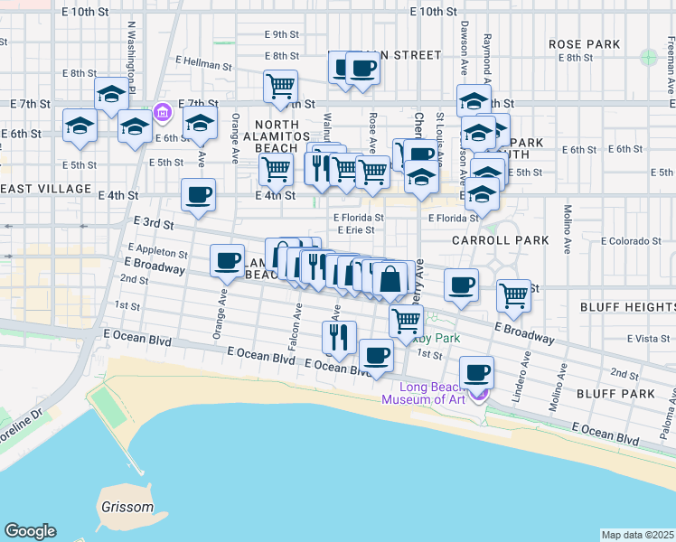 map of restaurants, bars, coffee shops, grocery stores, and more near 1625 East Appleton Street in Long Beach