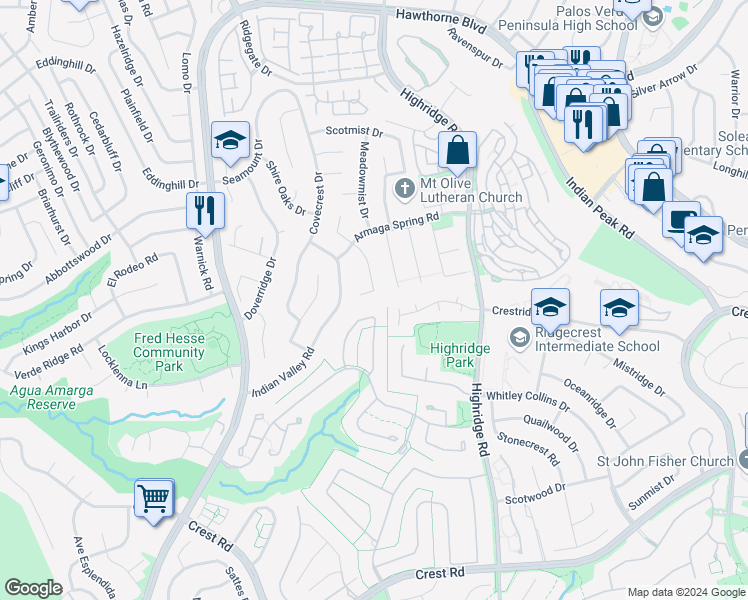 map of restaurants, bars, coffee shops, grocery stores, and more near 28876 King Arthur Court in Rancho Palos Verdes