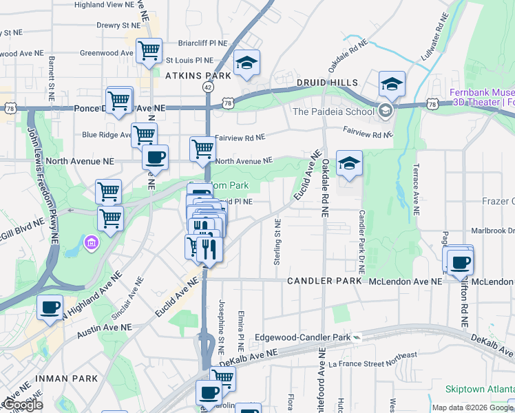 map of restaurants, bars, coffee shops, grocery stores, and more near 1265 Druid Place Northeast in Atlanta