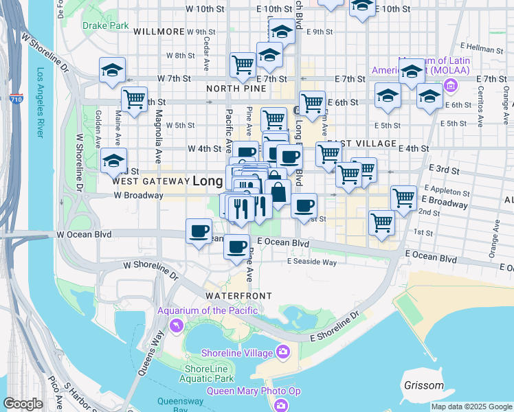 map of restaurants, bars, coffee shops, grocery stores, and more near 231 Pine Avenue in Long Beach