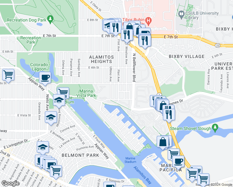 map of restaurants, bars, coffee shops, grocery stores, and more near 317 Flint Avenue in Long Beach