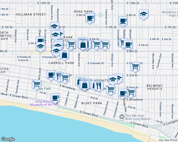 map of restaurants, bars, coffee shops, grocery stores, and more near 316 Temple Avenue in Long Beach