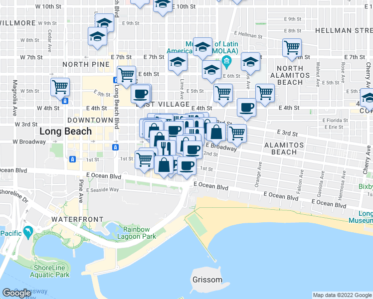 map of restaurants, bars, coffee shops, grocery stores, and more near 700 Lime Avenue in Long Beach