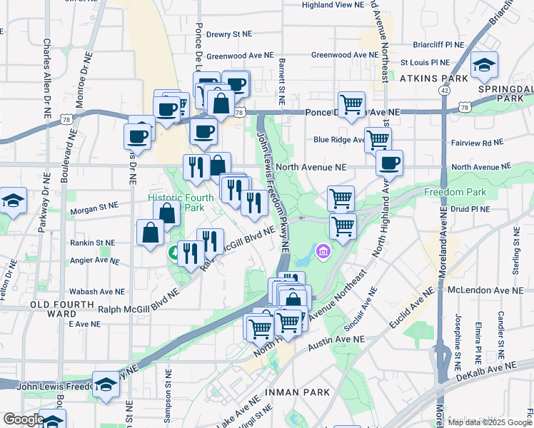 map of restaurants, bars, coffee shops, grocery stores, and more near 540 Woodall Avenue Northeast in Atlanta