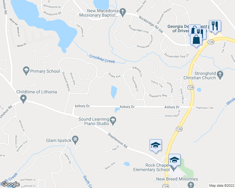 map of restaurants, bars, coffee shops, grocery stores, and more near 7400 Asbury Drive in Lithonia