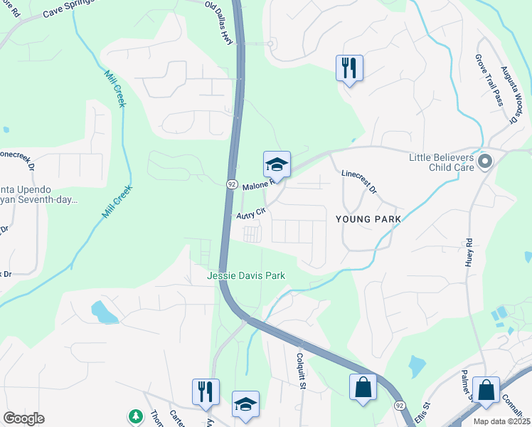 map of restaurants, bars, coffee shops, grocery stores, and more near 6651 Breckenridge Drive in Douglasville
