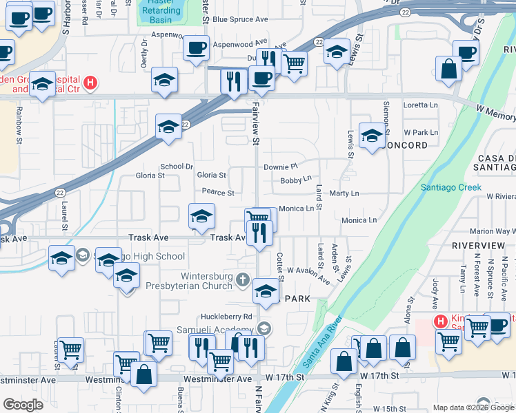 map of restaurants, bars, coffee shops, grocery stores, and more near 12951 Fairview Street in Garden Grove