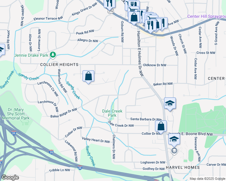 map of restaurants, bars, coffee shops, grocery stores, and more near 500 Collier Ridge Drive Northwest in Atlanta