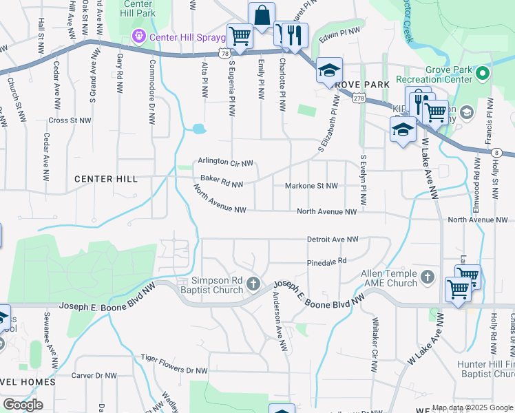 map of restaurants, bars, coffee shops, grocery stores, and more near 1975 North Avenue Northwest in Atlanta