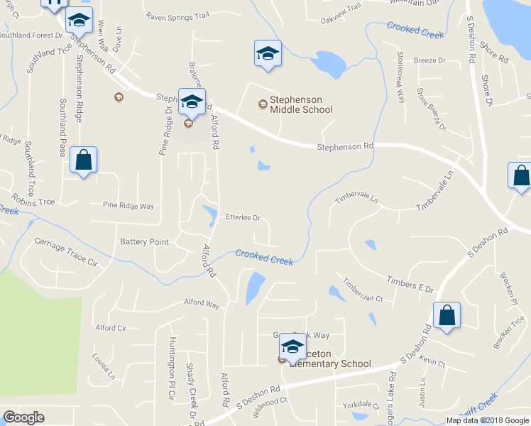 map of restaurants, bars, coffee shops, grocery stores, and more near 6676 Etterlee Drive in Stone Mountain