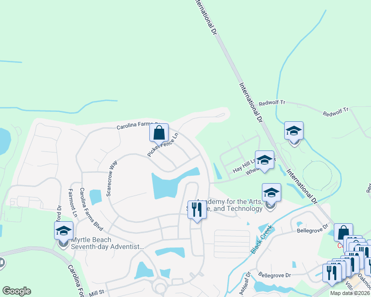 map of restaurants, bars, coffee shops, grocery stores, and more near 454 Carolina Farms Boulevard in Myrtle Beach