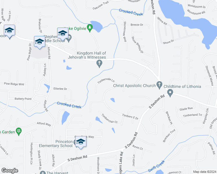 map of restaurants, bars, coffee shops, grocery stores, and more near 6743 Timbers East Drive in Lithonia