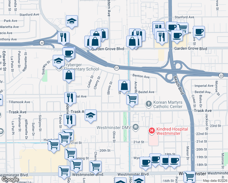 map of restaurants, bars, coffee shops, grocery stores, and more near 13271 Iowa Street in Westminster