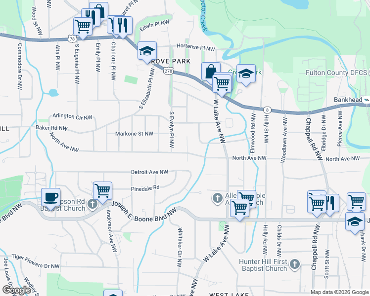map of restaurants, bars, coffee shops, grocery stores, and more near 502 Blanche Street Northwest in Atlanta