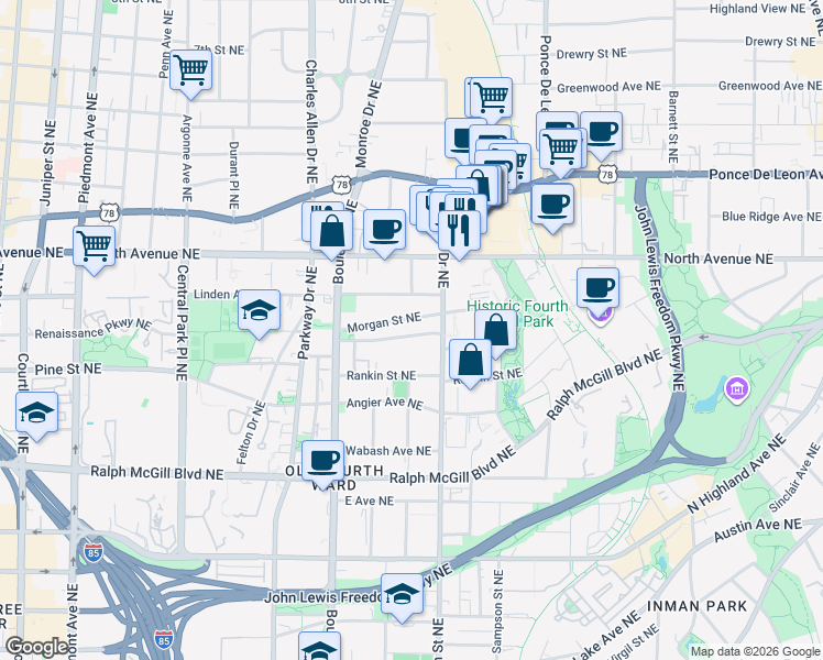 map of restaurants, bars, coffee shops, grocery stores, and more near 560 Morgan Street Northeast in Atlanta