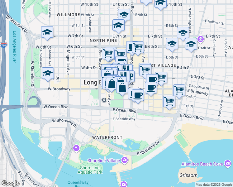 map of restaurants, bars, coffee shops, grocery stores, and more near 133 The Promenade North in Long Beach