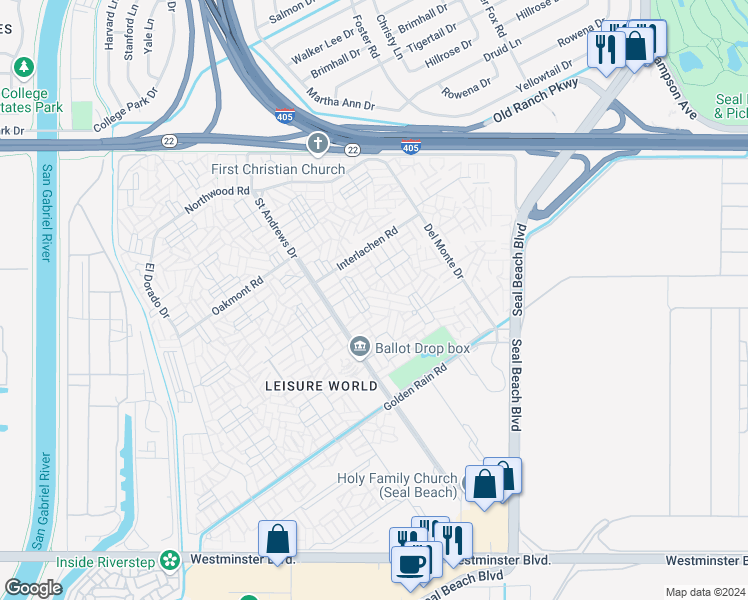 map of restaurants, bars, coffee shops, grocery stores, and more near 1650 Glenview Road in Seal Beach
