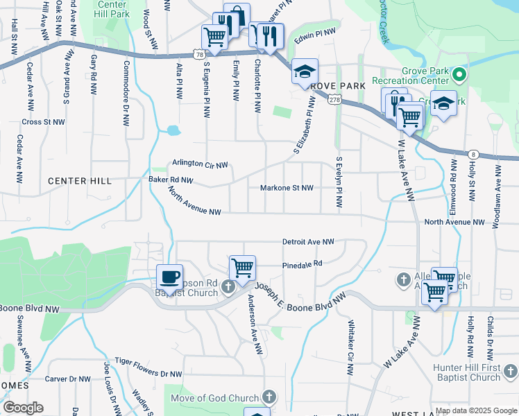 map of restaurants, bars, coffee shops, grocery stores, and more near 1968 Markone Street Northwest in Atlanta