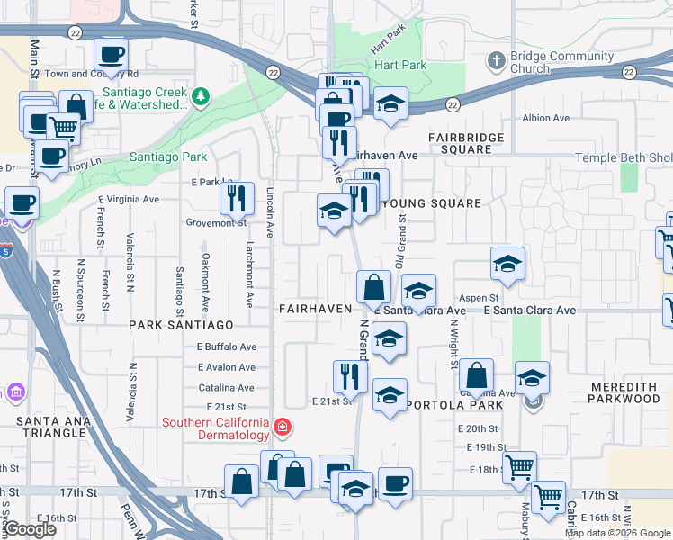 map of restaurants, bars, coffee shops, grocery stores, and more near 1221 Beechwood Street in Santa Ana