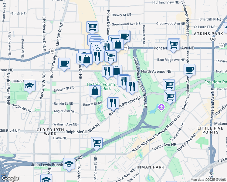 map of restaurants, bars, coffee shops, grocery stores, and more near 755 North Avenue Northeast in Atlanta
