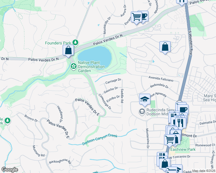 map of restaurants, bars, coffee shops, grocery stores, and more near 2275 Carriage Drive in Rolling Hills Estates