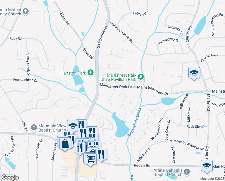 map of restaurants, bars, coffee shops, grocery stores, and more near 739 Arbor Hill Drive in Stone Mountain