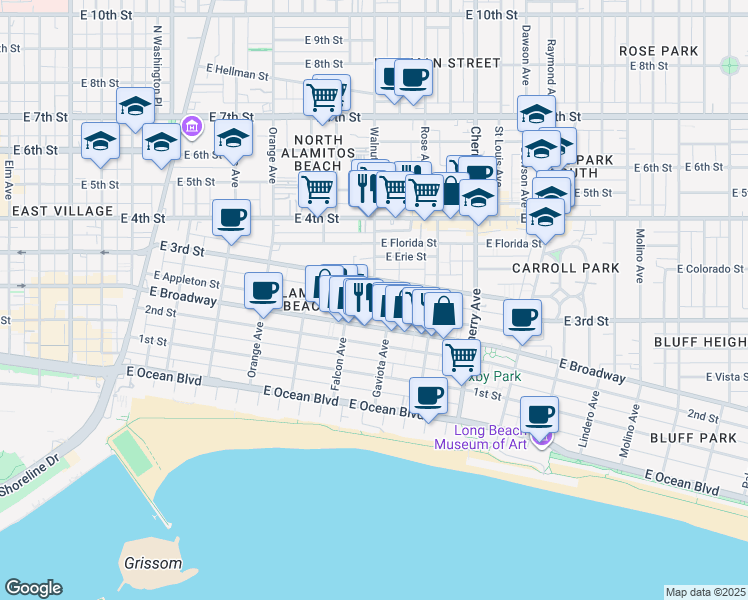 map of restaurants, bars, coffee shops, grocery stores, and more near 1575 East Appleton Street in Long Beach