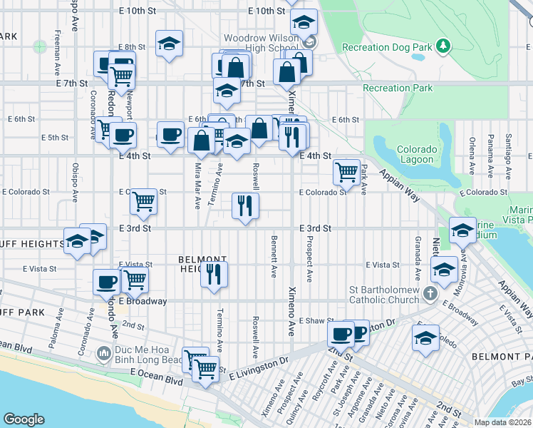 map of restaurants, bars, coffee shops, grocery stores, and more near 4224 East Massachusetts Street in Long Beach