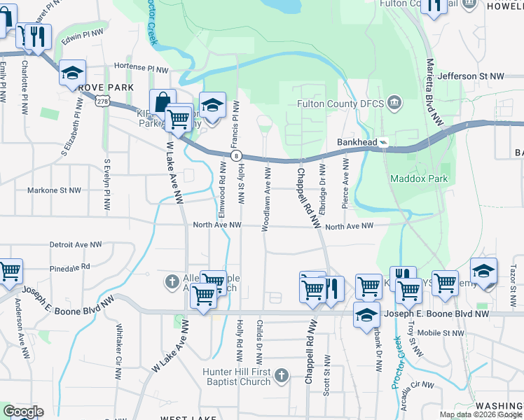 map of restaurants, bars, coffee shops, grocery stores, and more near 532 Woodlawn Avenue Northwest in Atlanta