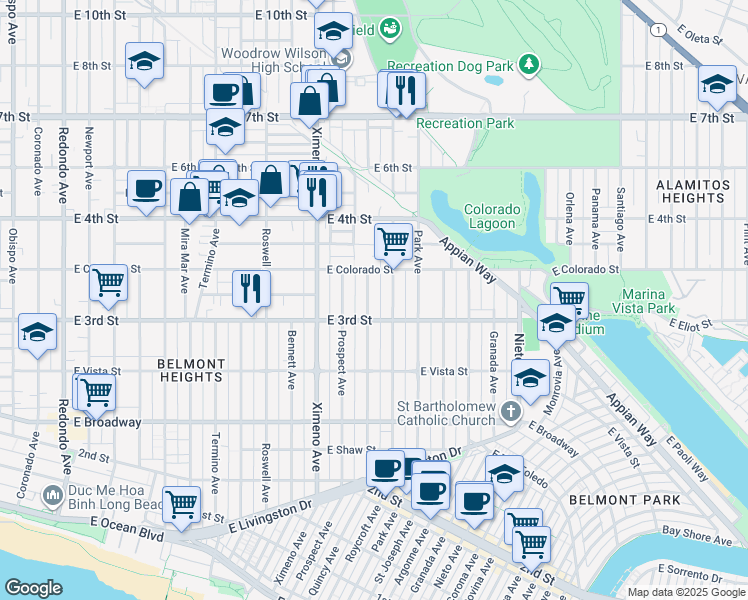 map of restaurants, bars, coffee shops, grocery stores, and more near 337 Roycroft Avenue in Long Beach