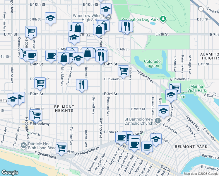 map of restaurants, bars, coffee shops, grocery stores, and more near 338 Prospect Avenue in Long Beach