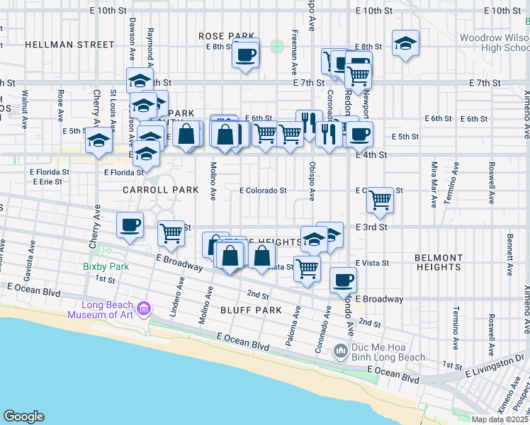 map of restaurants, bars, coffee shops, grocery stores, and more near 337 Gladys Avenue in Long Beach