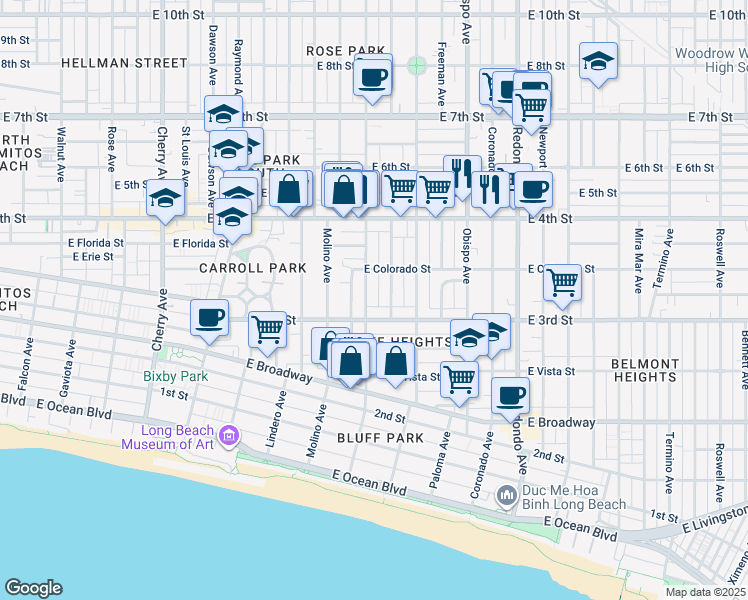 map of restaurants, bars, coffee shops, grocery stores, and more near 337 Gladys Avenue in Long Beach