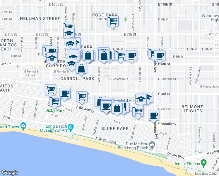 map of restaurants, bars, coffee shops, grocery stores, and more near in Long Beach
