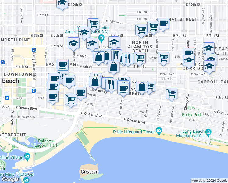 map of restaurants, bars, coffee shops, grocery stores, and more near 1135 East Appleton Street in Long Beach
