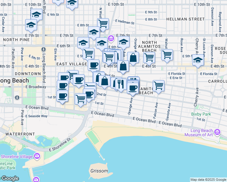 map of restaurants, bars, coffee shops, grocery stores, and more near 1061 East Appleton Street in Long Beach