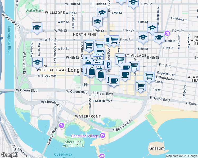 map of restaurants, bars, coffee shops, grocery stores, and more near in Long Beach
