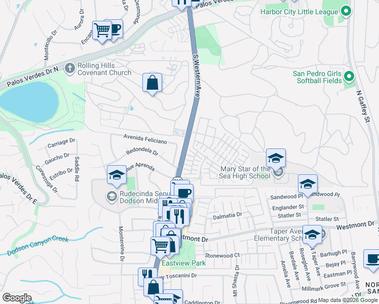 map of restaurants, bars, coffee shops, grocery stores, and more near 27502 South Western Avenue in Palos Verdes Peninsula