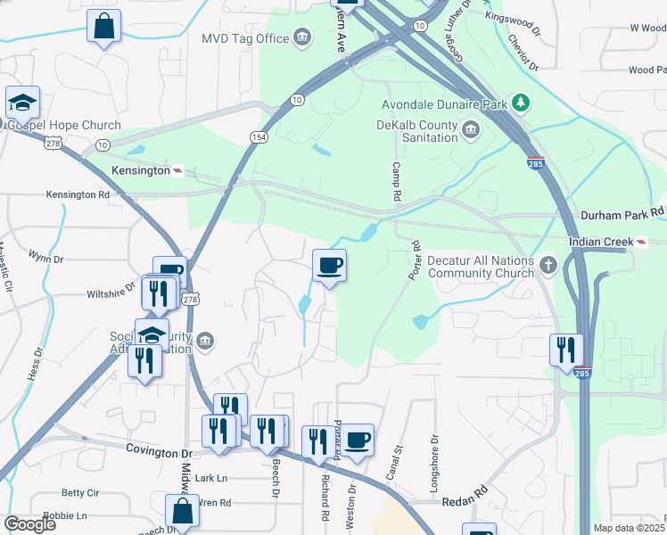 map of restaurants, bars, coffee shops, grocery stores, and more near 3602 E Clubhouse Cir in Decatur