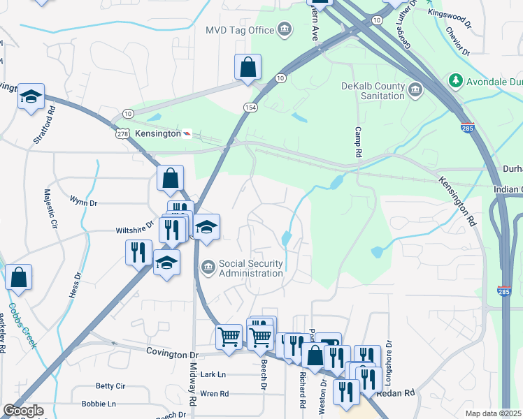 map of restaurants, bars, coffee shops, grocery stores, and more near 894 Gatehouse Drive in Decatur