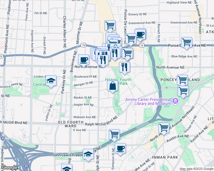 map of restaurants, bars, coffee shops, grocery stores, and more near 3102 Morgan Street Northeast in Atlanta