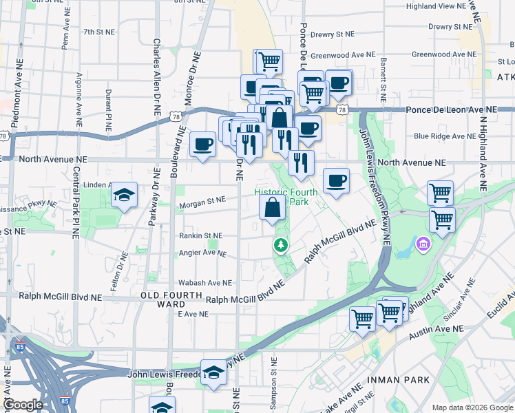 map of restaurants, bars, coffee shops, grocery stores, and more near 3102 Morgan Street Northeast in Atlanta