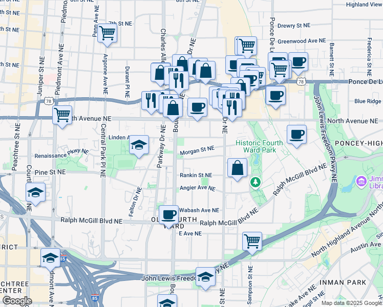 map of restaurants, bars, coffee shops, grocery stores, and more near 511 Boulevard Place Northeast in Atlanta