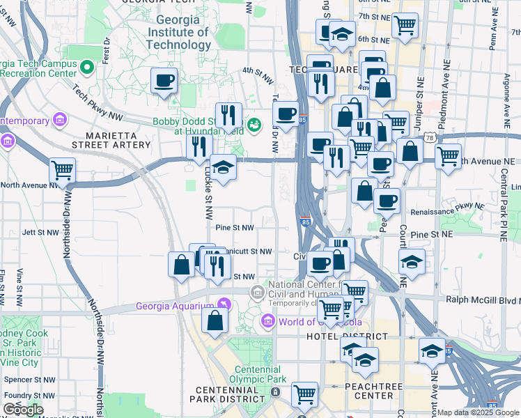 map of restaurants, bars, coffee shops, grocery stores, and more near 543 Centennial Lane in Atlanta