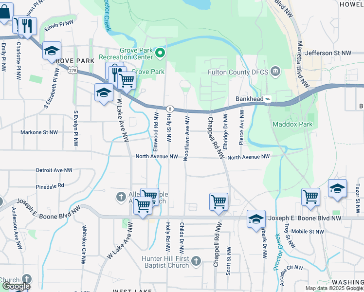 map of restaurants, bars, coffee shops, grocery stores, and more near 532 Woodlawn Avenue Northwest in Atlanta