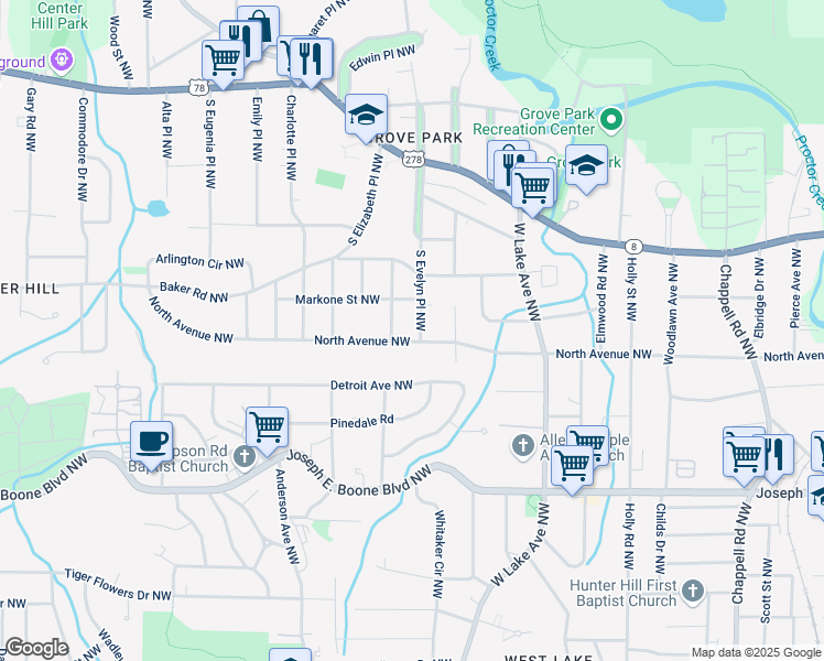 map of restaurants, bars, coffee shops, grocery stores, and more near 502 South Evelyn Place Northwest in Atlanta