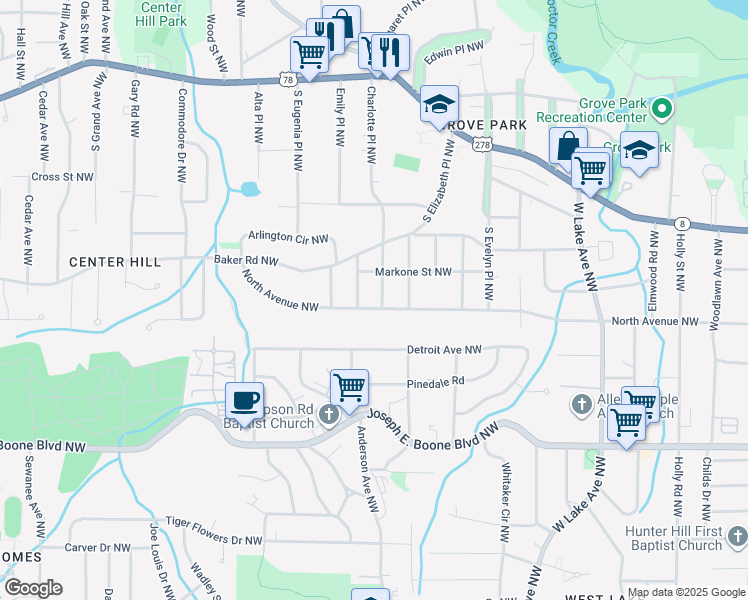map of restaurants, bars, coffee shops, grocery stores, and more near 1968 Markone Street Northwest in Atlanta