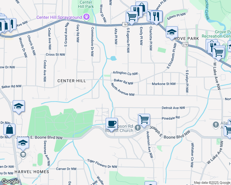 map of restaurants, bars, coffee shops, grocery stores, and more near 2058 North Avenue Northwest in Atlanta